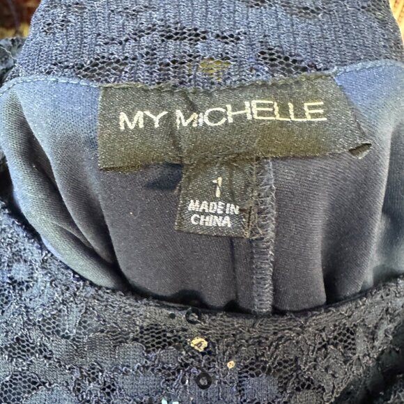 Navy Blue My Michelle Size 1 Lace Sequin Dress With Half Sleeves & Side Zipper - Picture 6 of 8